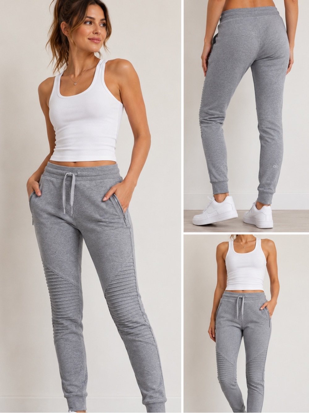 Alo Yoga Urban Moto Jogger‎ Sweatpants Gray XS Ribbed Zip Pocket Athleisure